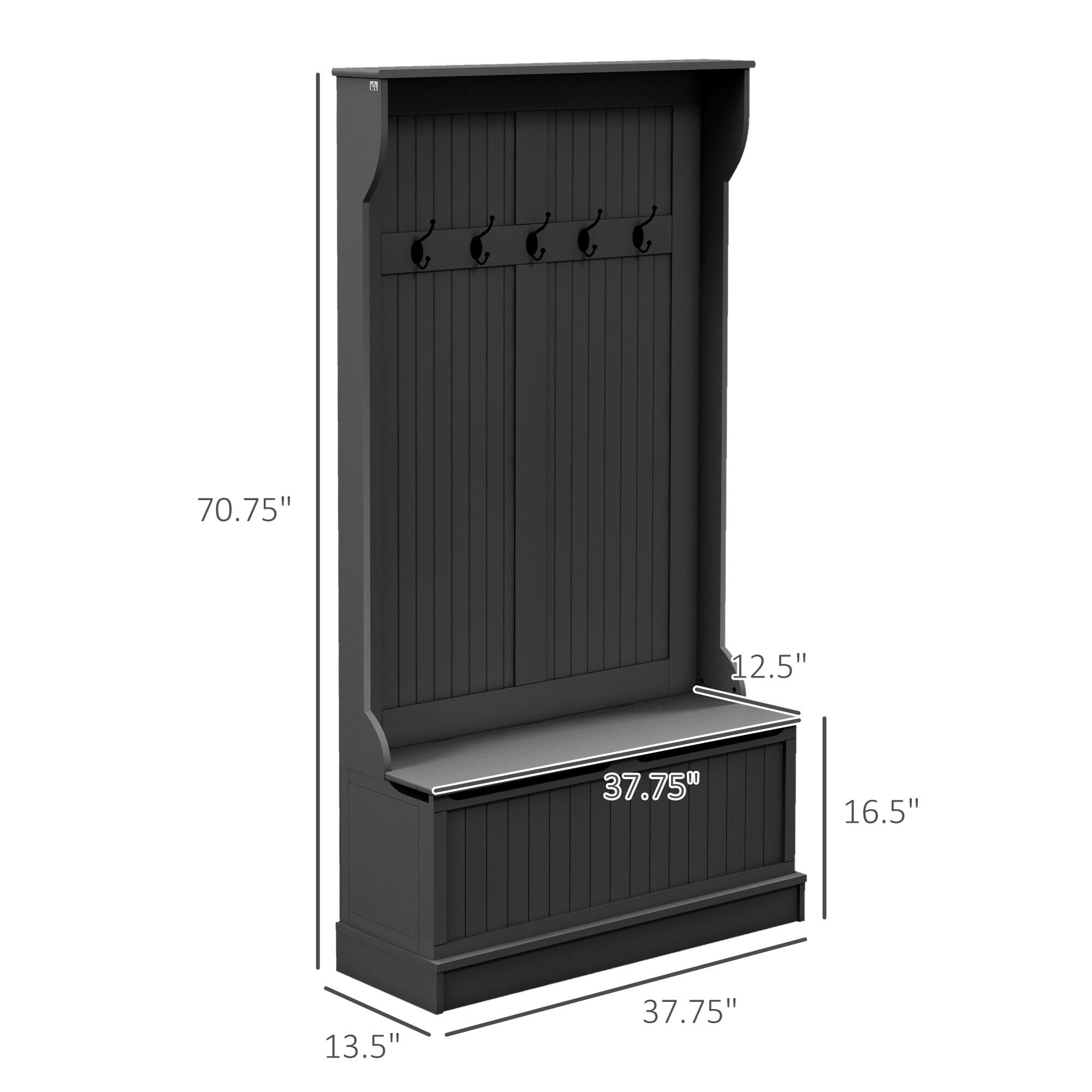 38" 3In1 Entryway Hall Tree with Storage Bench, Coat Rack with